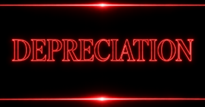 Equipment Depreciation displayed in glowing red lettering on a black background with red laser lines along the top and bottom.