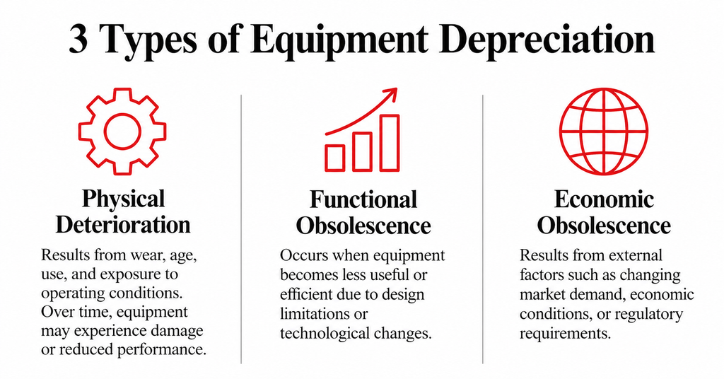 Infographic showing three types of Equipment Depreciation: physical deterioration, functional obsolescence, and economic obsolescence, with red icons on a white background.